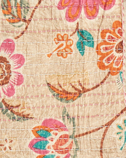 50" X 70" Beige Pink Orange and Green Cotton Kantha Floral Throw Throw Blanket with Embroidery