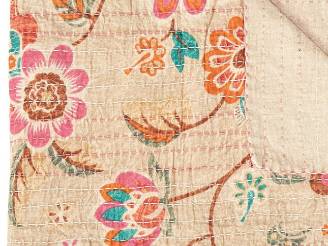 50" X 70" Beige Pink Orange and Green Cotton Kantha Floral Throw Throw Blanket with Embroidery