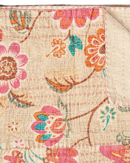 50" X 70" Beige Pink Orange and Green Cotton Kantha Floral Throw Throw Blanket with Embroidery
