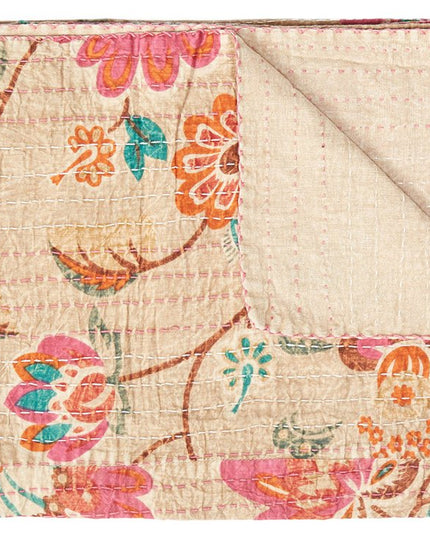 50" X 70" Beige Pink Orange and Green Cotton Kantha Floral Throw Throw Blanket with Embroidery
