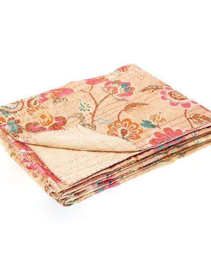 50" X 70" Beige Pink Orange and Green Cotton Kantha Floral Throw Throw Blanket with Embroidery