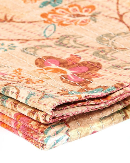 50" X 70" Beige Pink Orange and Green Cotton Kantha Floral Throw Throw Blanket with Embroidery
