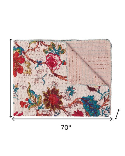 50" X 70" Pink and Red Kantha Cotton Floral Throw Blanket with Embroidery