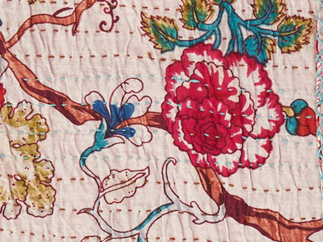 50" X 70" Pink and Red Kantha Cotton Floral Throw Blanket with Embroidery