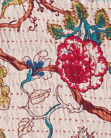 50" X 70" Pink and Red Kantha Cotton Floral Throw Blanket with Embroidery