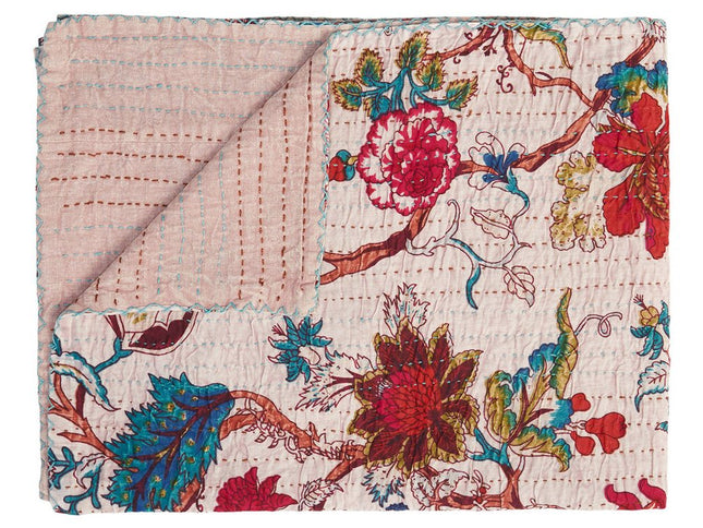 50" X 70" Pink and Red Kantha Cotton Floral Throw Blanket with Embroidery