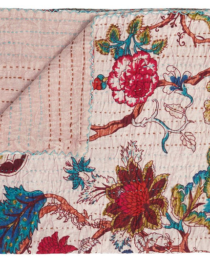 50" X 70" Pink and Red Kantha Cotton Floral Throw Blanket with Embroidery