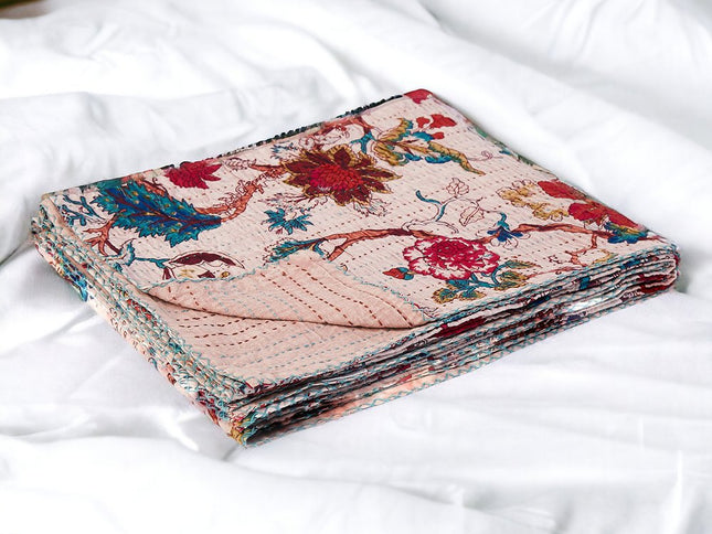 50" X 70" Pink and Red Kantha Cotton Floral Throw Blanket with Embroidery