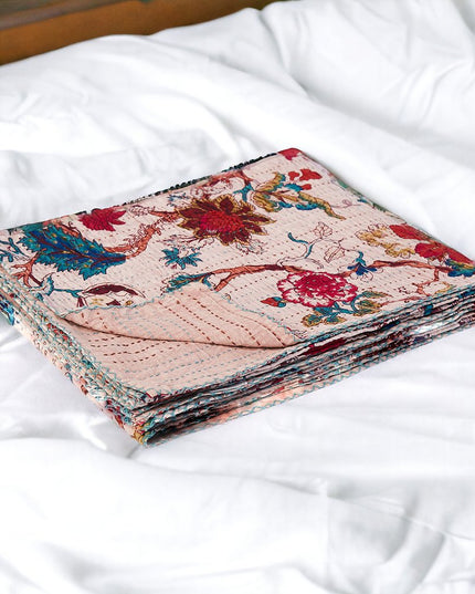 50" X 70" Pink and Red Kantha Cotton Floral Throw Blanket with Embroidery