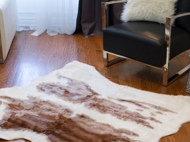 4' X 5' Brown And White Faux Fur Animal Print Washable Area Rug