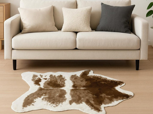 4' X 5' Brown And White Faux Fur Animal Print Washable Area Rug