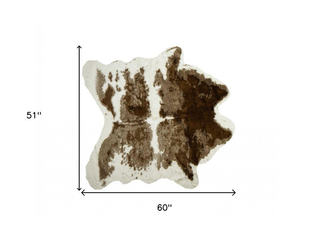 4' X 5' Brown And White Faux Fur Animal Print Washable Area Rug