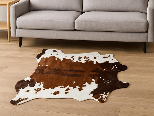 4' X 5' Brown And White Faux Fur Animal Print Washable Area Rug