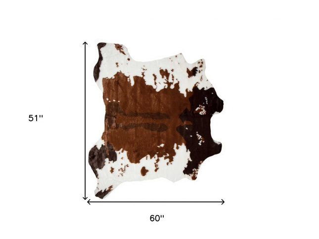 4' X 5' Brown And White Faux Fur Animal Print Washable Area Rug