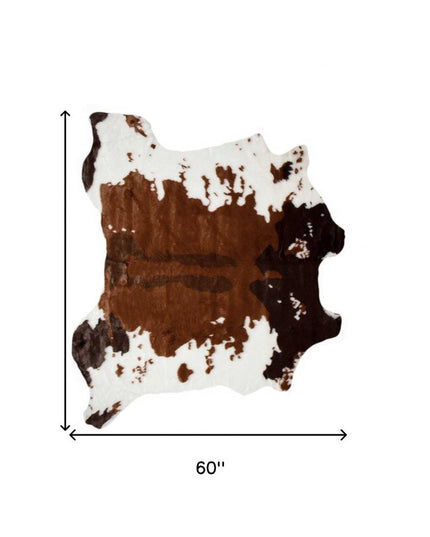 4' X 5' Brown And White Faux Fur Animal Print Washable Area Rug
