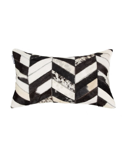 12" X 20" Black and Off White Chevron Cowhide Throw Pillow