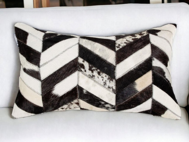 12" X 20" Black and Off White Chevron Cowhide Throw Pillow
