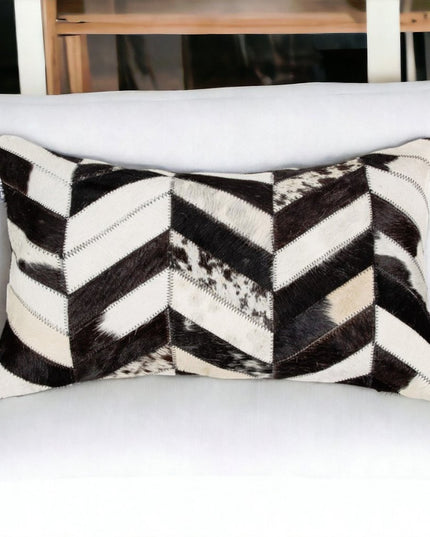 12" X 20" Black and Off White Chevron Cowhide Throw Pillow
