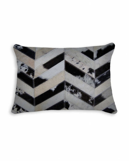 12" X 20" Black and Off White Chevron Cowhide Throw Pillow