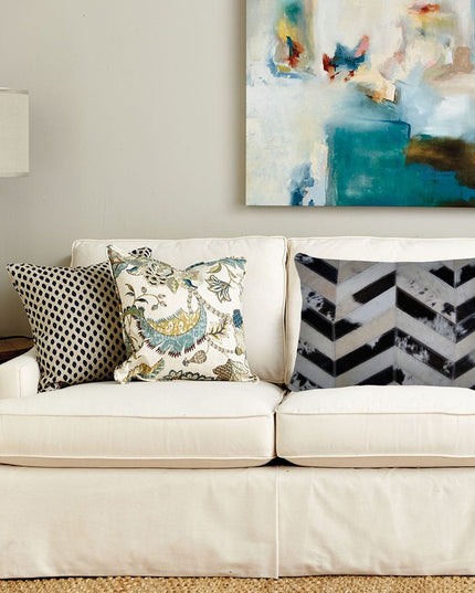 12" X 20" Black and Off White Chevron Cowhide Throw Pillow