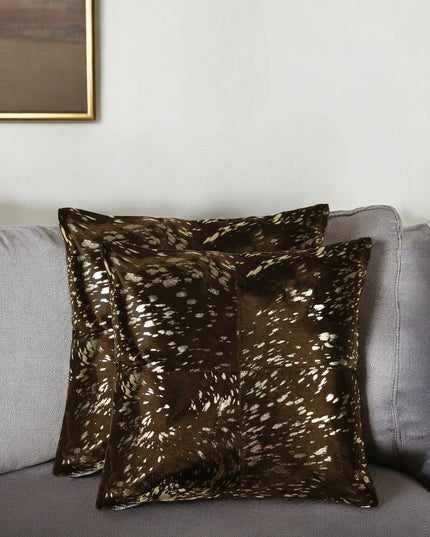 Set of Two 18" Chocolate And Gold Cowhide Throw Pillows
