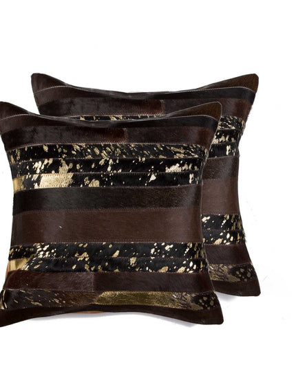 Set of Two 18" Chocolate And Gold Cowhide Throw Pillows
