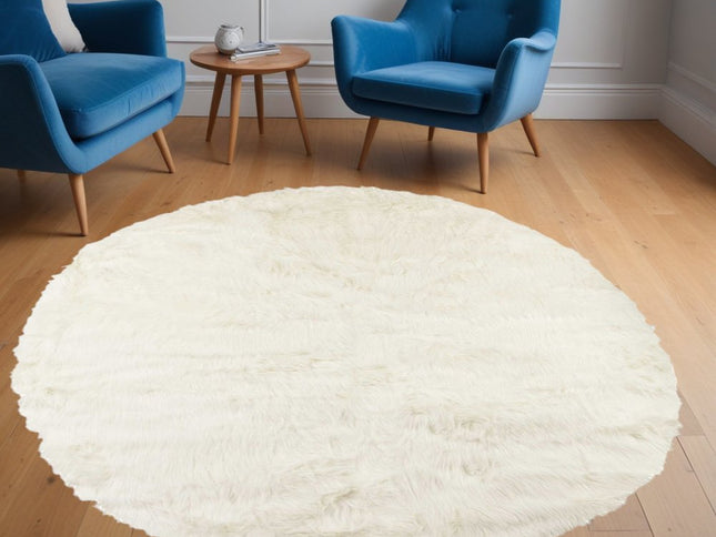 6' X 6' Off White Faux Fur Shag Washable Round Rug