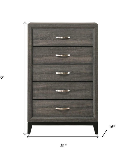 31" Gray Wood Five Drawer Dresser