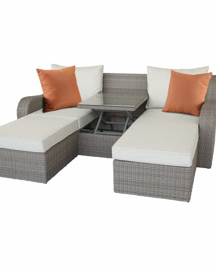 Three Piece Outdoor Gray Wicker Sectional Seating Group with Beige Cushions