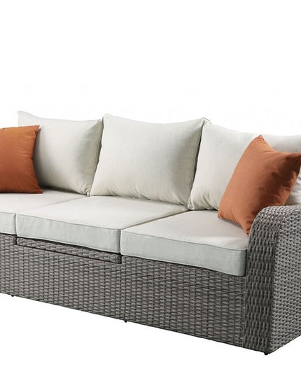 Three Piece Outdoor Gray Wicker Sectional Seating Group with Beige Cushions