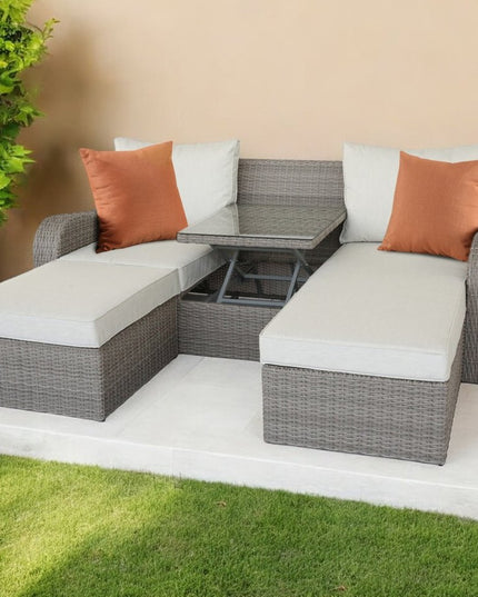 Three Piece Outdoor Gray Wicker Sectional Seating Group with Beige Cushions