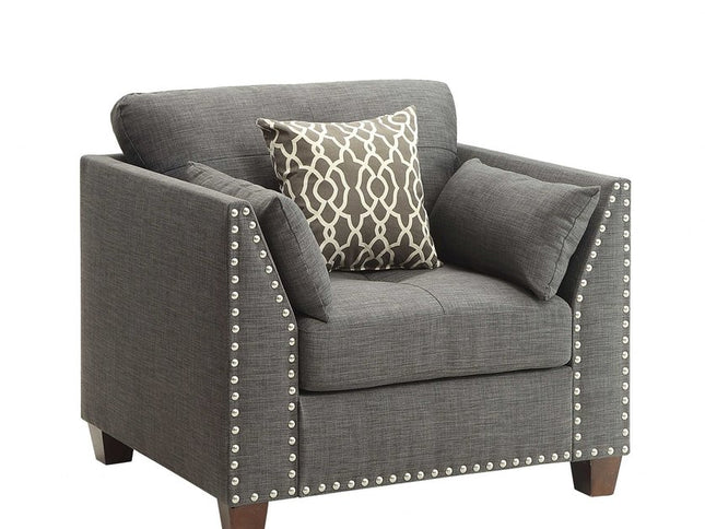 34" Charcoal and Brown Linen Arm Chair And Toss Pillows