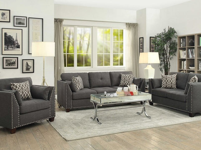 34" Charcoal and Brown Linen Arm Chair And Toss Pillows