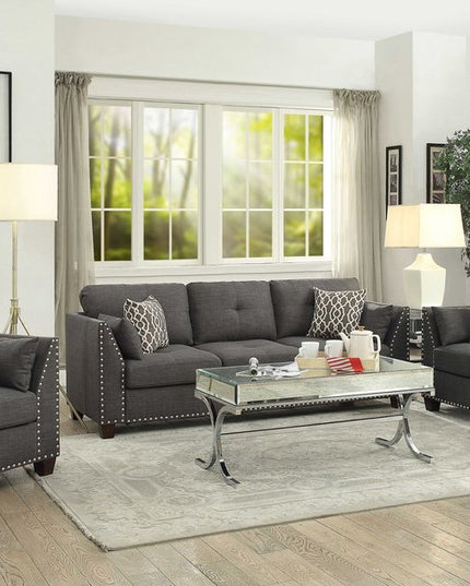 34" Charcoal and Brown Linen Arm Chair And Toss Pillows