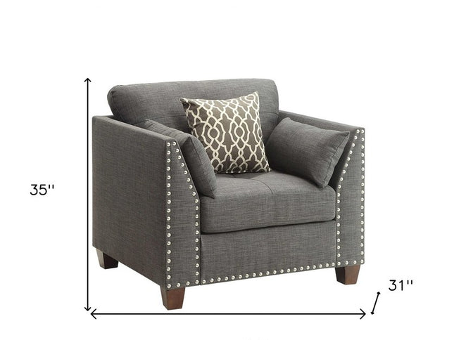 34" Charcoal and Brown Linen Arm Chair And Toss Pillows