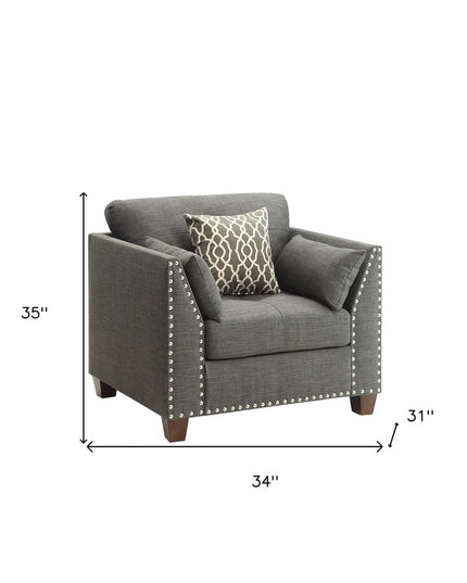 34" Charcoal and Brown Linen Arm Chair And Toss Pillows