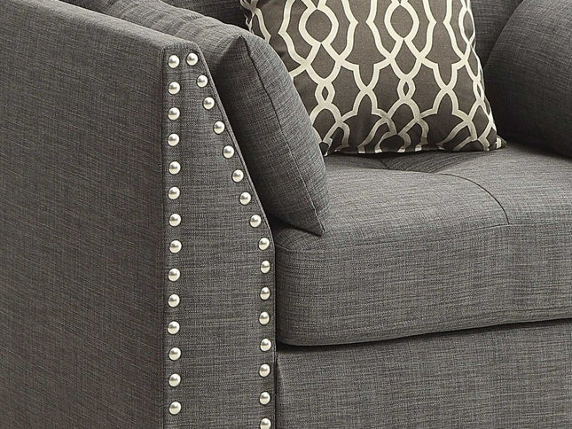 34" Charcoal and Brown Linen Arm Chair And Toss Pillows