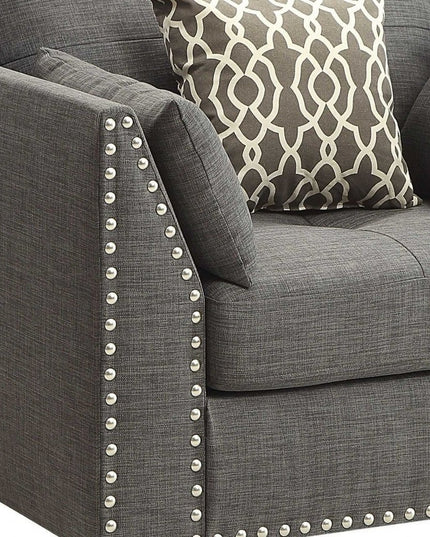 34" Charcoal and Brown Linen Arm Chair And Toss Pillows