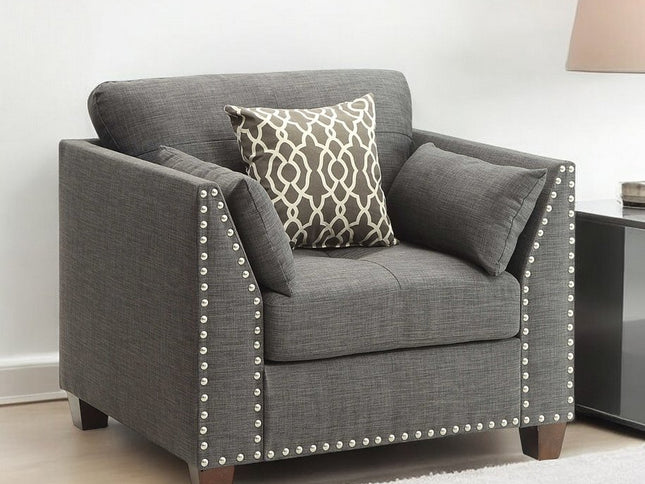 34" Charcoal and Brown Linen Arm Chair And Toss Pillows