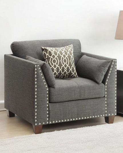 34" Charcoal and Brown Linen Arm Chair And Toss Pillows