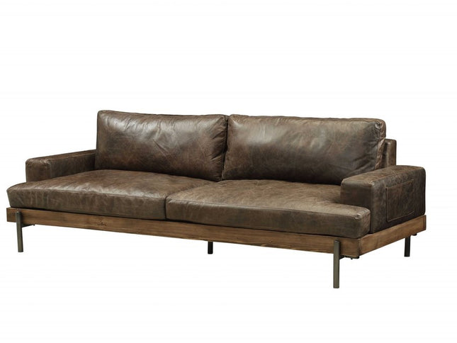 95" Chocolate Top Grain Leather Sofa With Black Legs