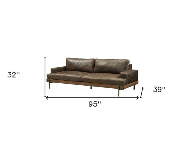 95" Chocolate Top Grain Leather Sofa With Black Legs
