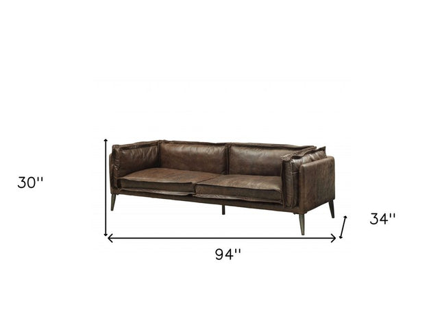 94" Chocolate Top Grain Leather Sofa With Dark Brown Legs