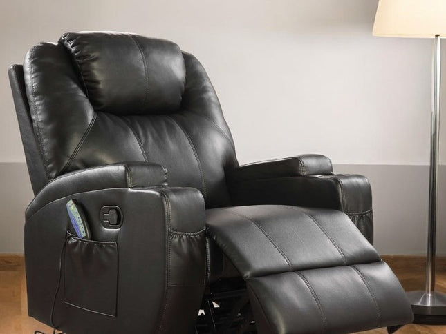 34" Black Leather Match Power Heated Massage Recliner