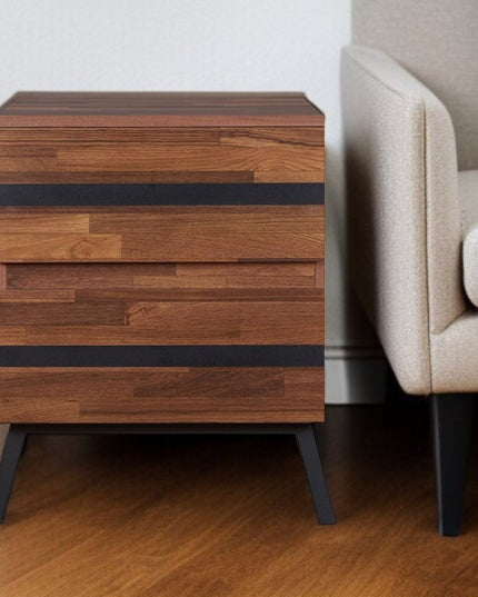23" Black And Brown Wood And Iron End Table With Two Drawers