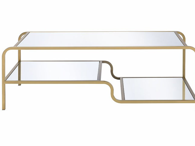 52" Clear and Gold Mirrored Glass And Iron Coffee Table With Shelf