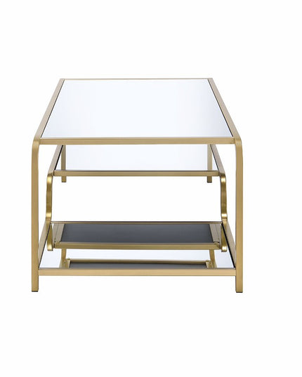 52" Clear and Gold Mirrored Glass And Iron Coffee Table With Shelf