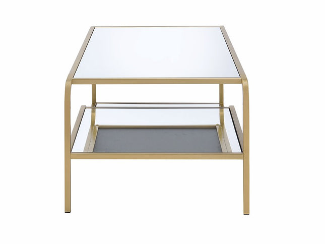 52" Clear and Gold Mirrored Glass And Iron Coffee Table With Shelf