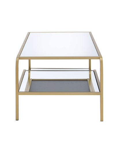 52" Clear and Gold Mirrored Glass And Iron Coffee Table With Shelf