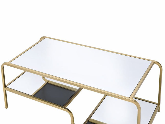 52" Clear and Gold Mirrored Glass And Iron Coffee Table With Shelf